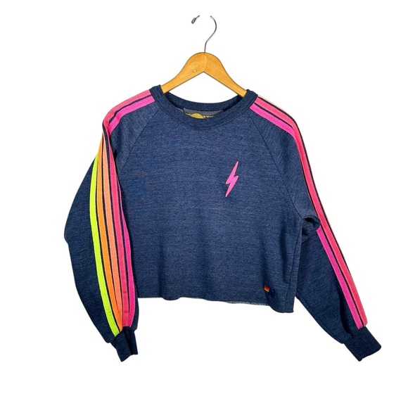 AVIATOR NATION Bolt Rainbow Stripe Cropped Cut-Off Sweater - Picture 8 of 8